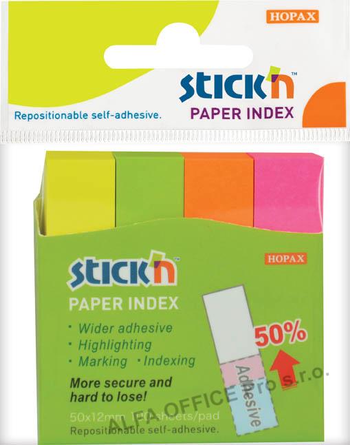 Samolepicí záložky Stick´n by Hopax - 12 x 50 mm / 4 x 100 lístků / neonové barvy