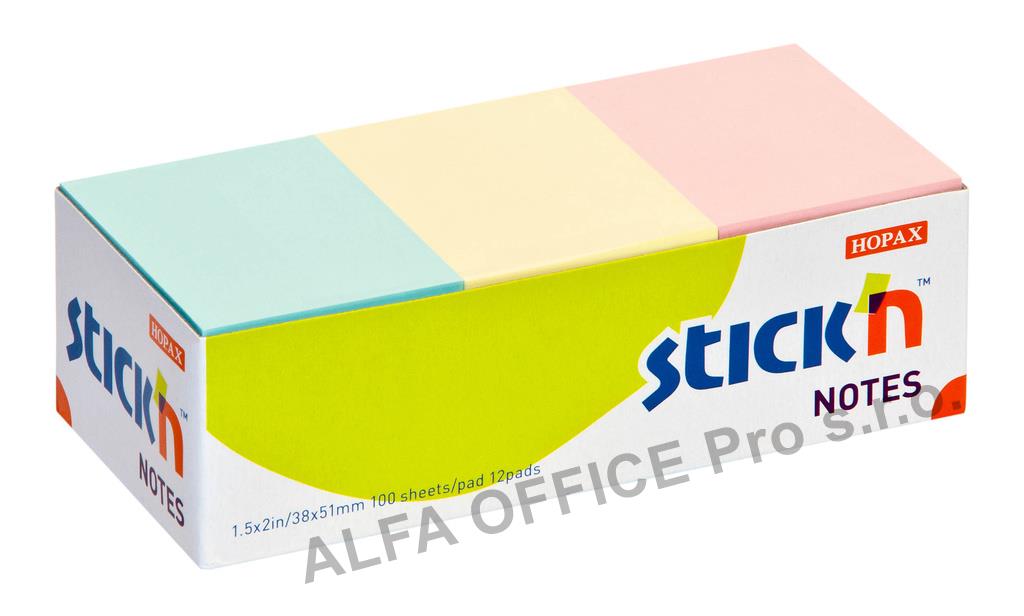 Samolepicí bločky Stick´n by Hopax barevné - 38 x 51 mm / 12 x 100 lístků / pastelové barv