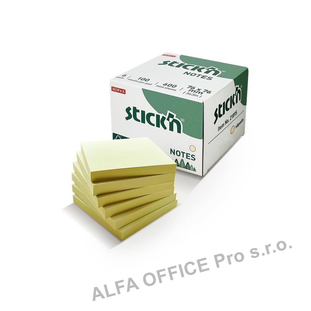 Samolepicí bločky Stick´n by Hopax FSC - 76 x 76 mm / 6 x 100 lístků / pastelově žlutá