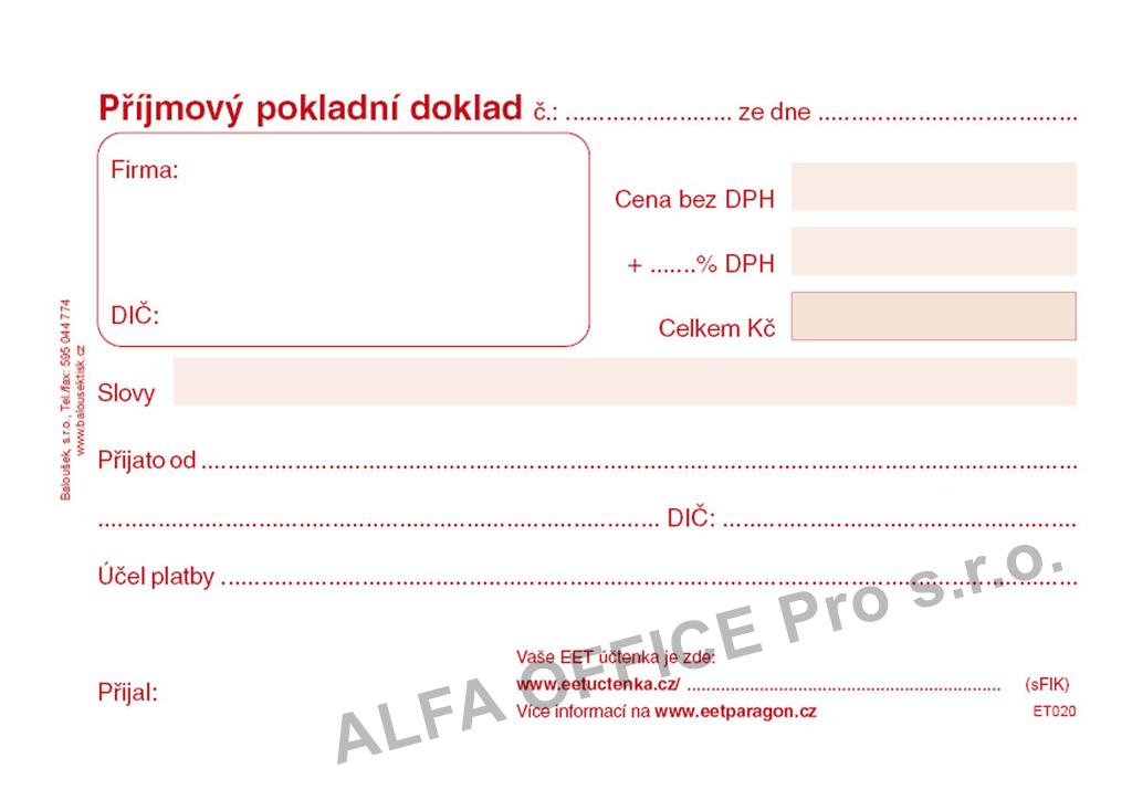Příjmový pokladní doklad Baloušek A6 / nečíslovaný / 50 listů / ET020