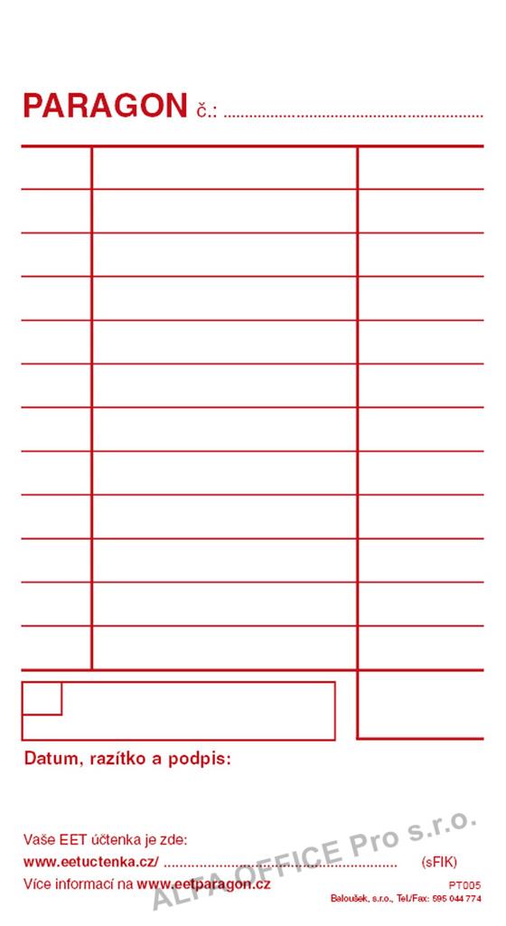 Paragon blok Baloušek 80 x 150 mm / nečíslovaný / 50 listů / NCR / PT005