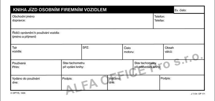 Optys 1171 kniha jízd osobního firemního vozidla 32 listů 1/3 A4