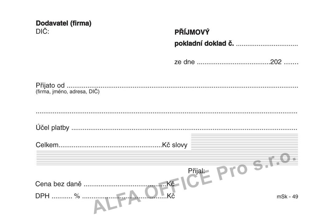 MSK 7400049 příjmový pokladní doklad nečíslovaný 100 listů NCR A6