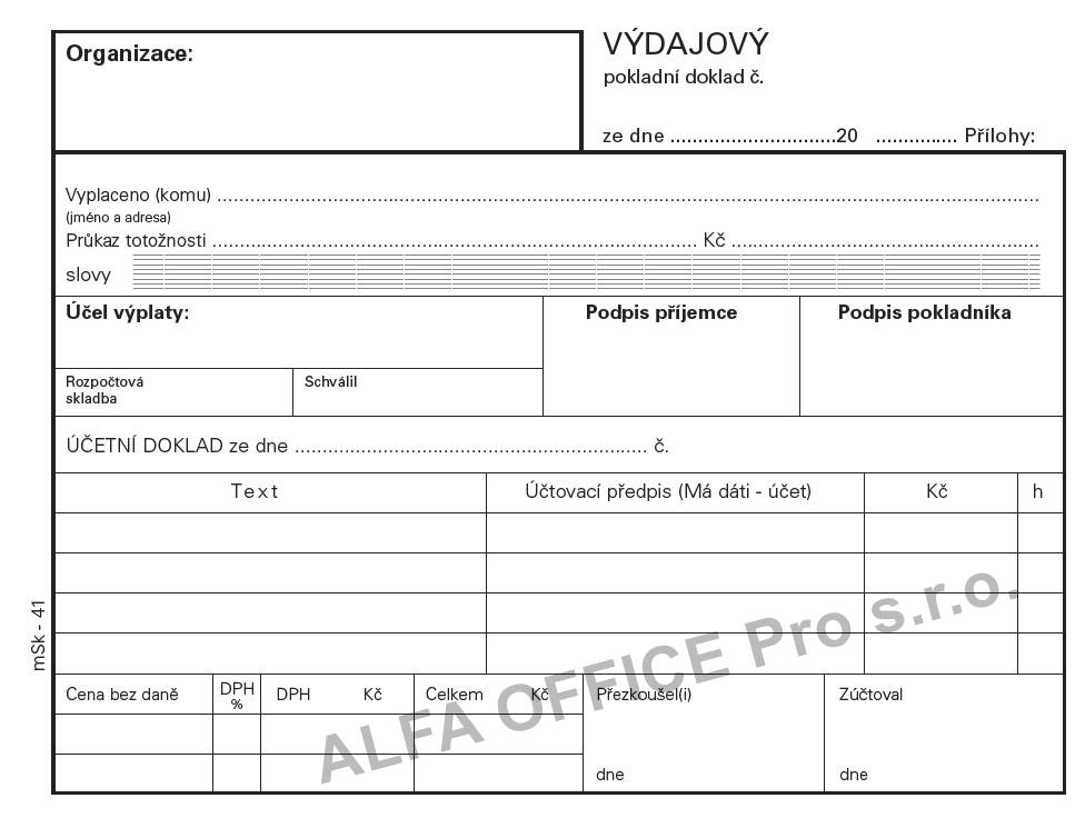 MSK 40 výdajový pokladní doklad nečíslovaný 100 listů A6