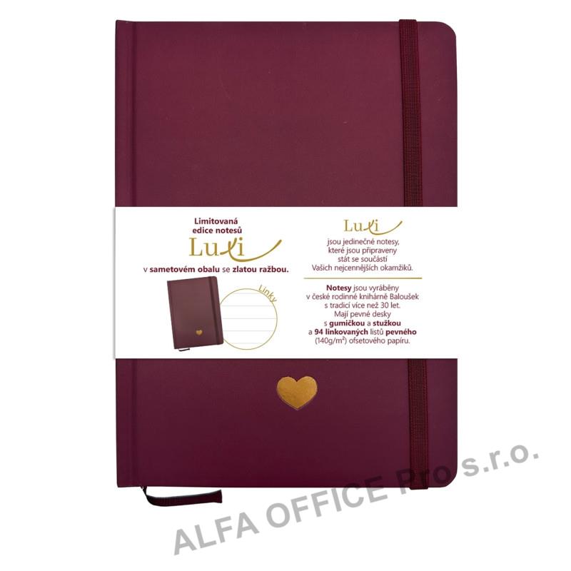 Blok Luxi A5 - linka / 96 listů / bordó srdce