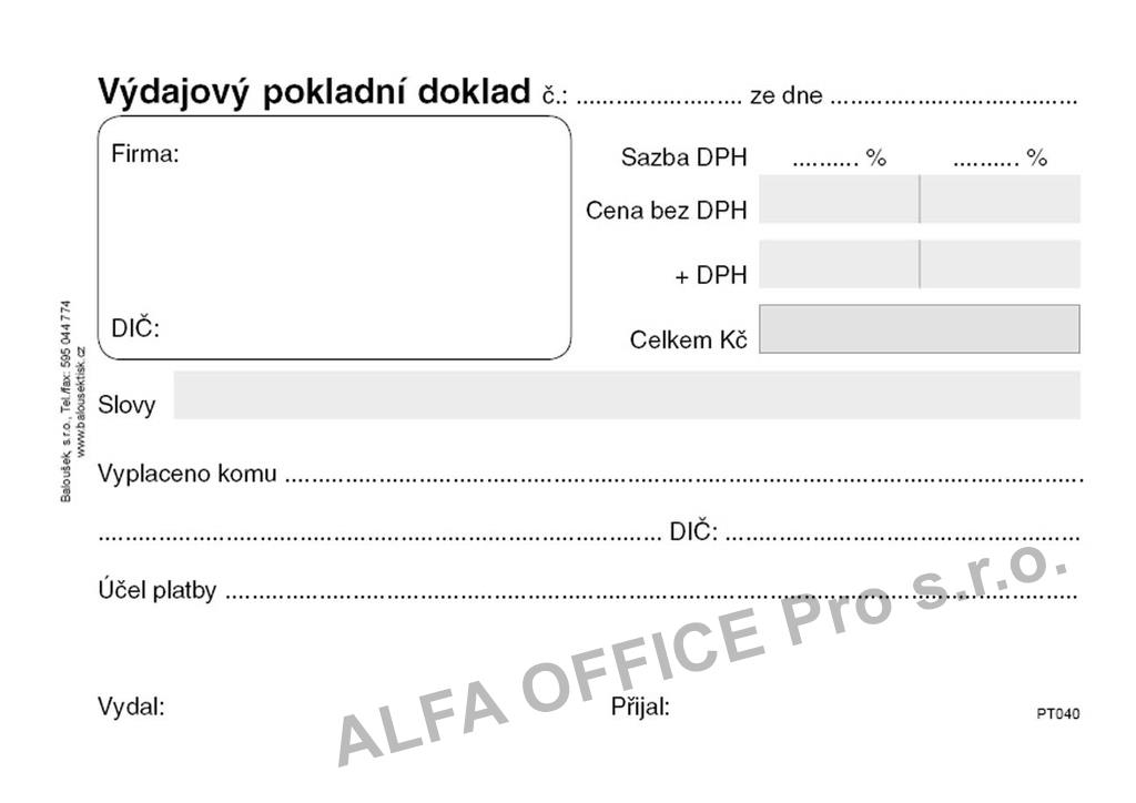 Výdajový pokladní doklad Baloušek A6 / nečíslovaný / 50 listů / NCR / PT040